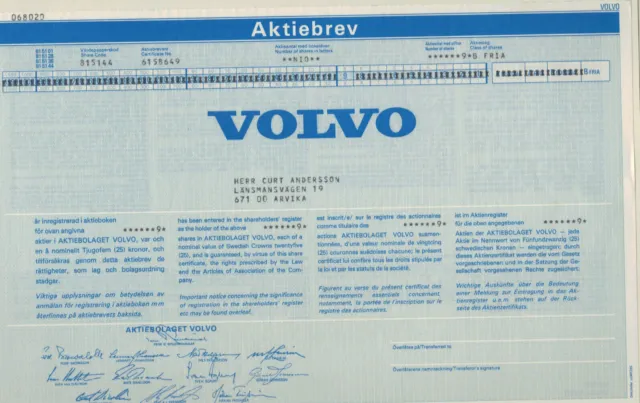Volvo Aktiebolaget - Aktie über 9 Stück - 1986 - Schweden