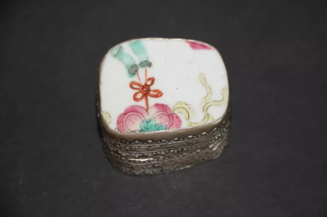 Antique Chinese Silverplate Trinket Box Porcelain shard Ribbon Floral 2" x 1.5"