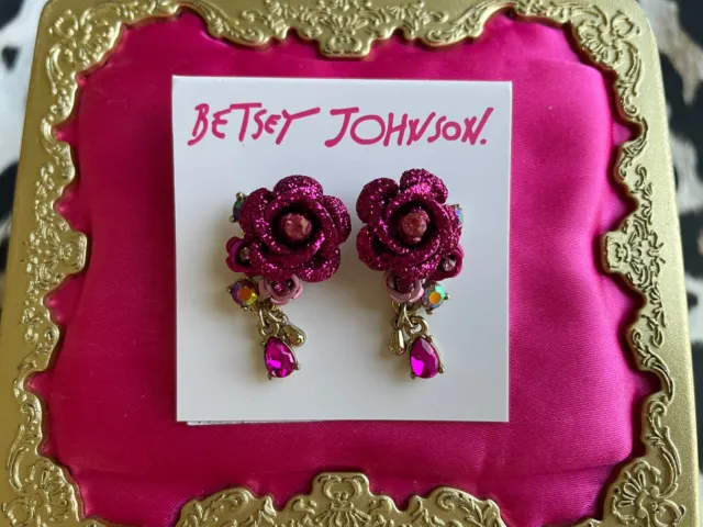 Betsey Johnson In Love Fuchsia Pink Maroon Glitter Rose Cluster Crystal Earrings