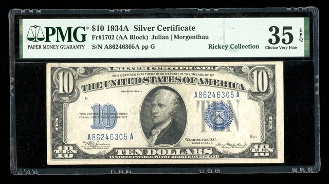 DBR 1934-A $10 Silver Fr. 1702 PMG 35 EPQ Serial A86246305A