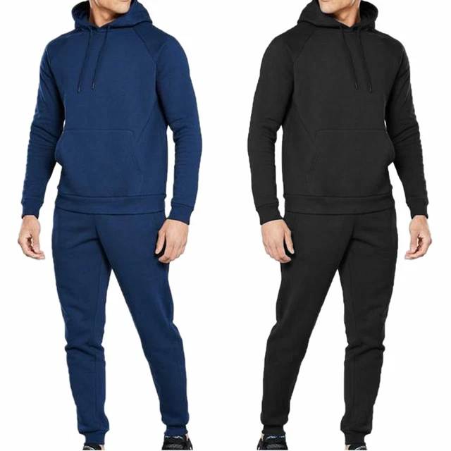 Tuta Uomo Invernale Cotone Felpato Pantaloni e Felpa con Cappuccio Blu Nero