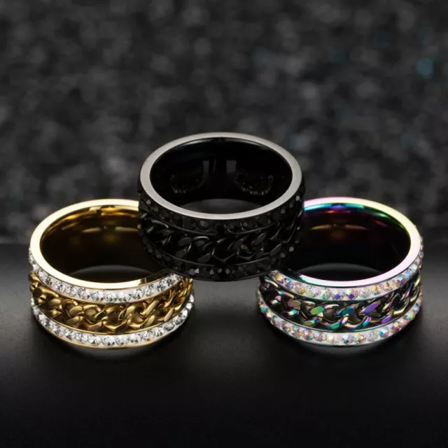 11 mm negro/oro/arco iris banda Cz para hombre cadena giratoria de acero inoxidable anillo de boda