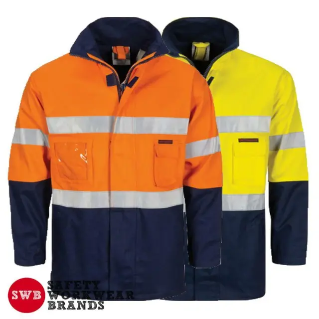 DNC Workwear Mens Hi Vis Cotton Drill 2 in 1 Jacket Reflective Safety Work 3767