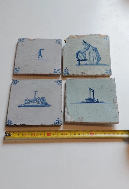 Lot of 4 Antique Dutch Delft tiles 17th Century