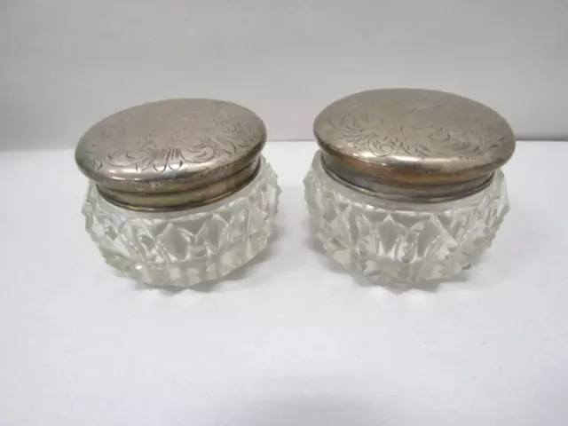ANTIQUE Sterling Silver and Etched Glass Vanity Jars- Set of 2