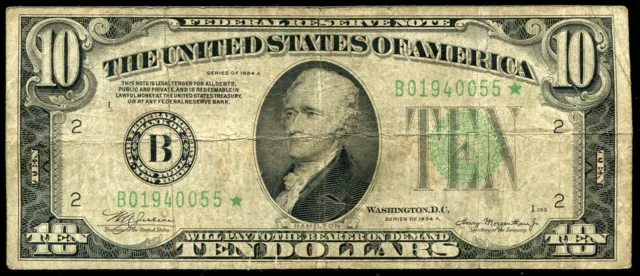 Fr. 2006-B* 1934-A $10 Ten Dollars *Star* Frn Federal Reserve Note New York, Ny