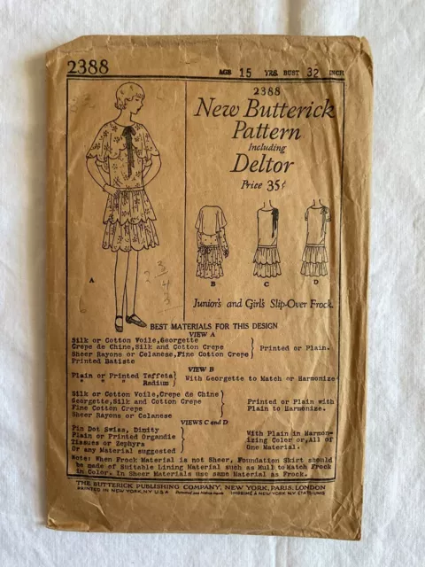 1920s Flapper Dress Slip Over Frock Butterick 2388 Deltor Pattern 15 Yrs Bust 32