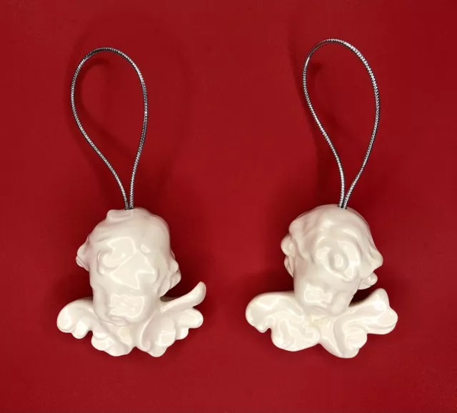 Set of 2 Ceramic Cherub Hanging Christmas Ornaments, Handmade Hand Painted