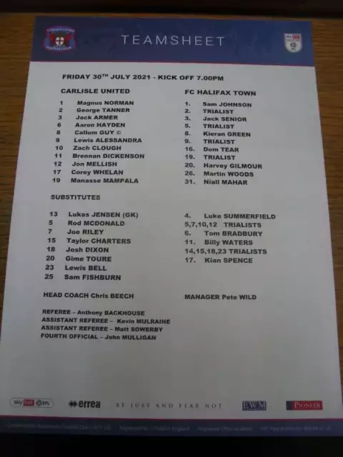 30/07/2021 Colour Teamsheet: Carlisle United v FC Halifax Town [Friendly] (folde