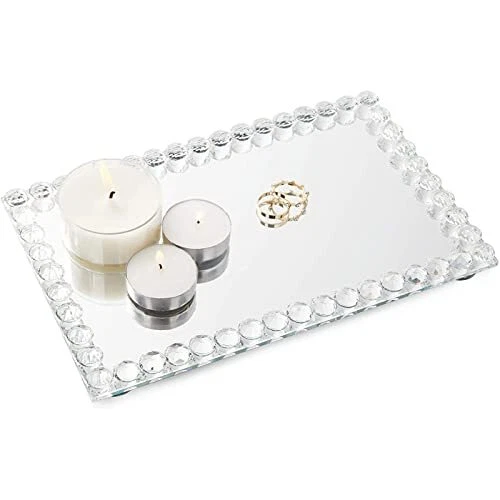 Rectangular Mirror Tray Crystal with Bead Diamond Shape Trim for Bathroom