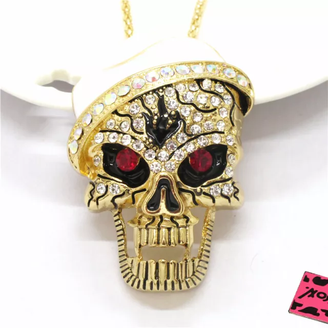 Betsey Johnson White Enamel Bling Skull Head Crystal Pendant Women Necklace