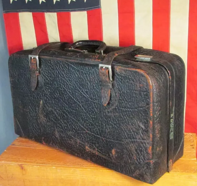 Vintage 1920s Black Leather Suitcase Travel Train Case Luggage Straps  Antique