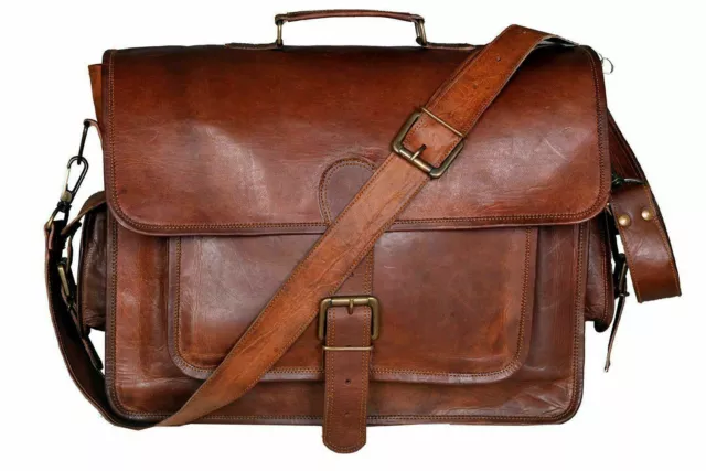 New Brown Mens Genuine Leather Large 15.6 Laptop Case for computer bag shoulder