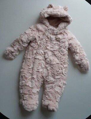 MOTHERCARE Baby Girls Pink Faux Fur Snowsuit Detachable Mittens  Size 3-6 Months