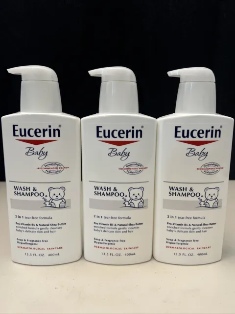 Lot of 3 Eucerin Baby Wash & Shampoo Tear Free 13.5 Fl OZ Pump Bottle