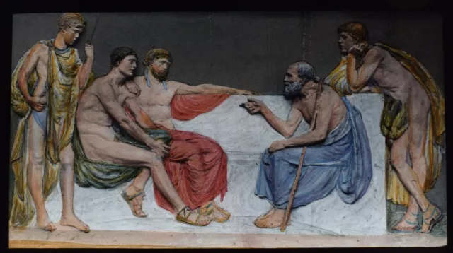 ANCIENT GREEK PHILOSOPHERS IN DISCUSSION C1890 HAND COLOURED Magic Lantern Slide