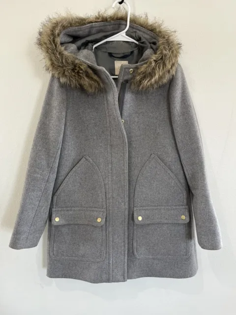 J.CREW Women's Chateau Parka Stadium Cloth Gray Wool Size 4Faux Fur