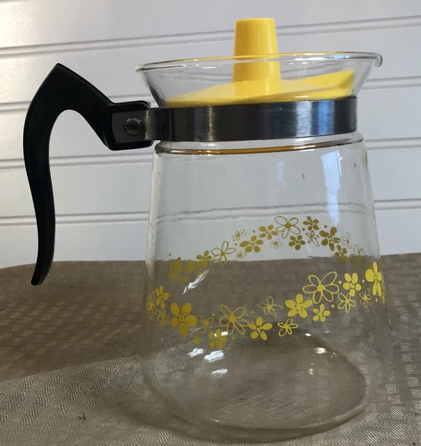 Vintage CORY Glass COFFEE CARAFE Pot Yellow Daisy Flowers 8 Cup FFDL