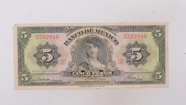 CrazieM World Bank Note - 1961 Mexico 5 Pesos - Collection Lot m676