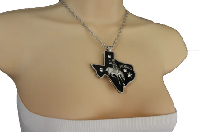 Women Fashion Silver Chain Necklace Texas State Western Rodeo Black Pendant Set
