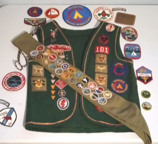 1960s Vintage Boy Scout Patch Vest Cubs To Eagle Plus Merit Badge Sash Indiana