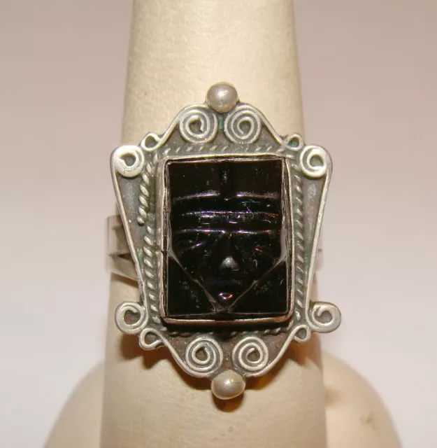 Vintage Mexico Sterling Silver Carved Mayan Aztec Warrior Face Onyx Ring 8