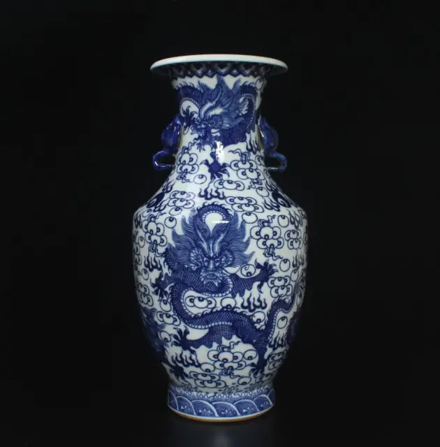 48CM Kangxi Singed Old Chinese Blue & White Porcelain Vase w/ dragon