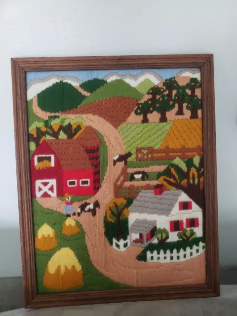 Vintage Kitsch Hand Stitched Wool Crewel Embroidered Farm Barn Countryside Scene