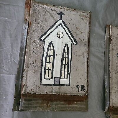 2 Hand Painted  Metal Galvanized PANEL 9 1/2" & 14" ARCHITECTURE SALVAGE  S.B. 2