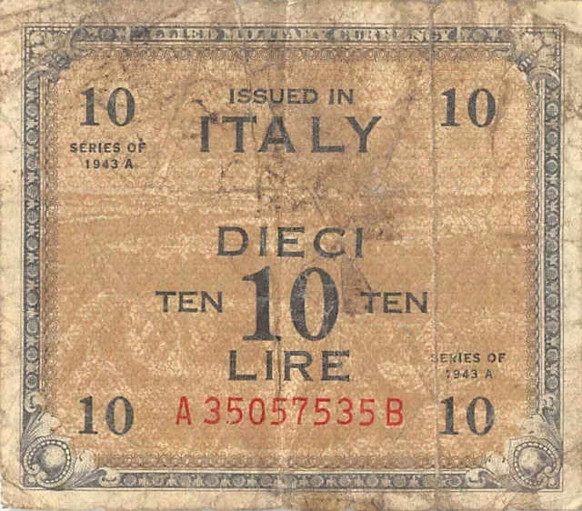 Italy 10  Lire  Series of 1943 A  Block  A B  WWII Issue Circulated Banknote WM2