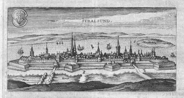 1632 Stralsund Gesamtansicht Ansicht view Kupferstich antique print Hulsius