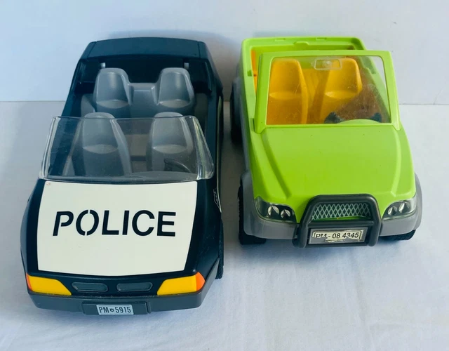 PLAYMOBIL GEOBRA 1997 Action Police Car + 2008 Green Sports Vehicle