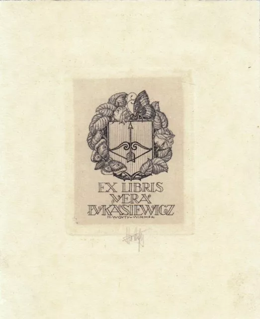 Exlibris Bookplate Copperplate Hubert Woyty-Wimmer 1901-1972 Arms Arch Arrow