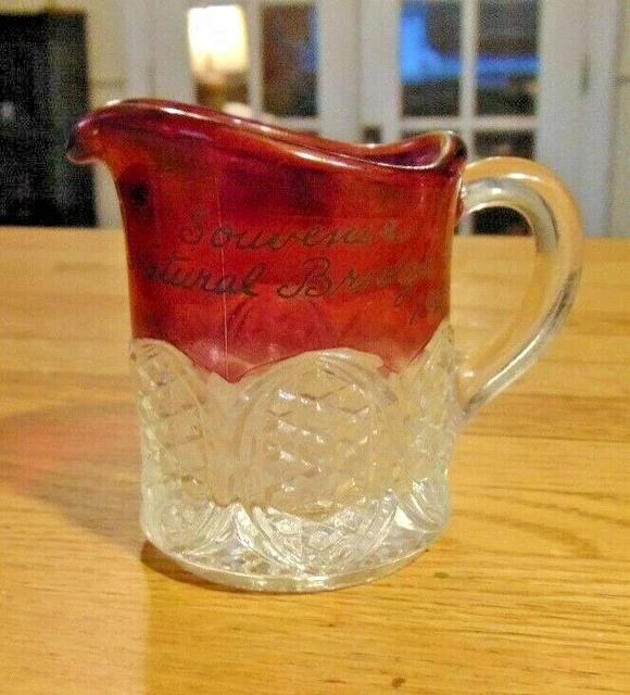 EAPG  Ruby Stained glass Souvenir Creamer,Souvenir of Natural Bridge Va. 1905
