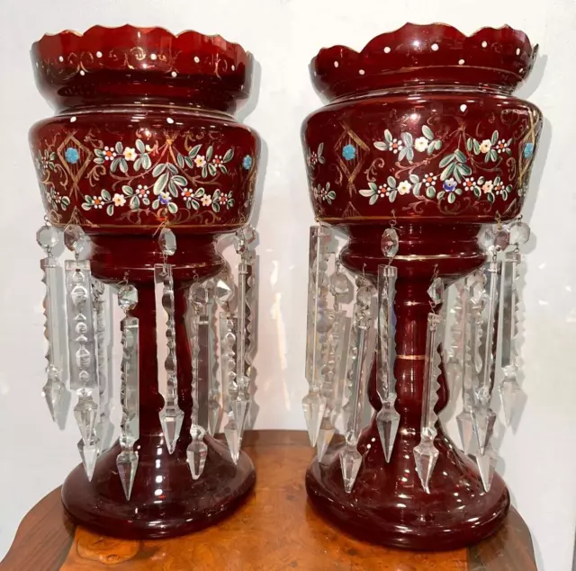 A Pair Of Bohemian Ruby Enamelled And Gilt  Lustres, Late 19Th C Damaged Neck