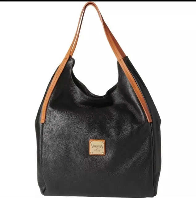 Valentina Italy Real Pebbled Leather Hobo Tote Black Tan Purse Bag Euc!