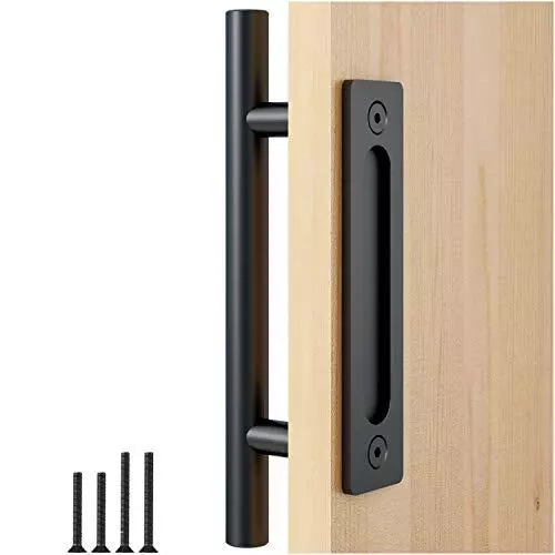 12" Heavy Duty Pull And Flush Door Handle Set In Black Sliding Barn Door Handle