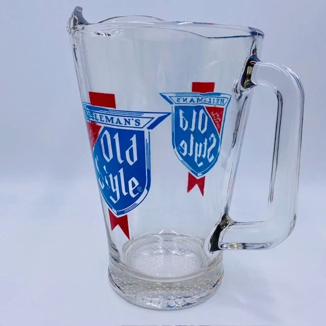 Vintage HEILEMAN'S Pure Genuine Old Style Heavy Glass Pitcher Bar Tavern