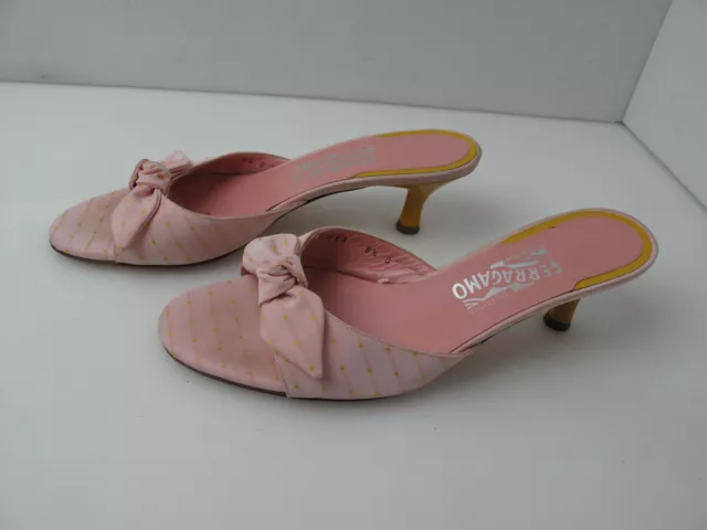 Salvatore Ferragamo Pink Bow Leather Kitten Heels Shoes Sandals Slide 8.5B (kk)