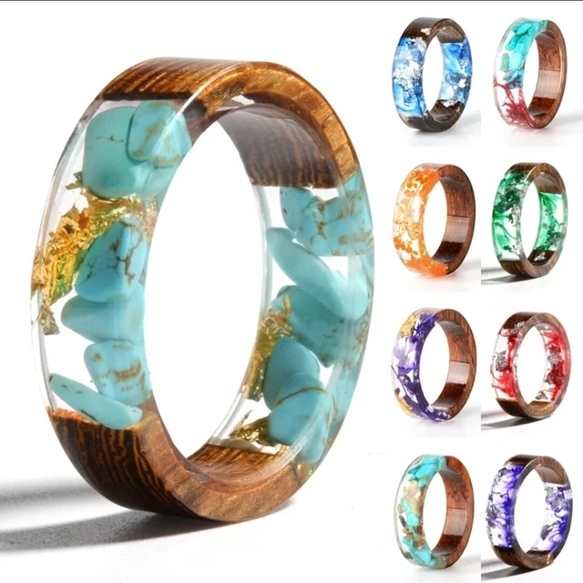 Anillo de resina de madera transparente para mujer, joya de resina epoxi