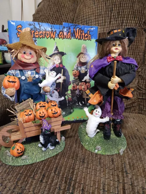 Vintage Witch and Scarecrow Fabric Mache Figurines 13" Halloween Decor with Box
