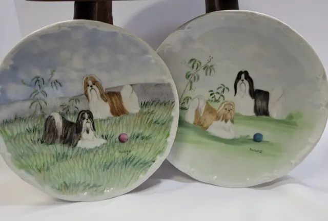 Shih Tzu Hand Painted Plates Set of 2 Signed Bainhert Limited Ed and Numbered