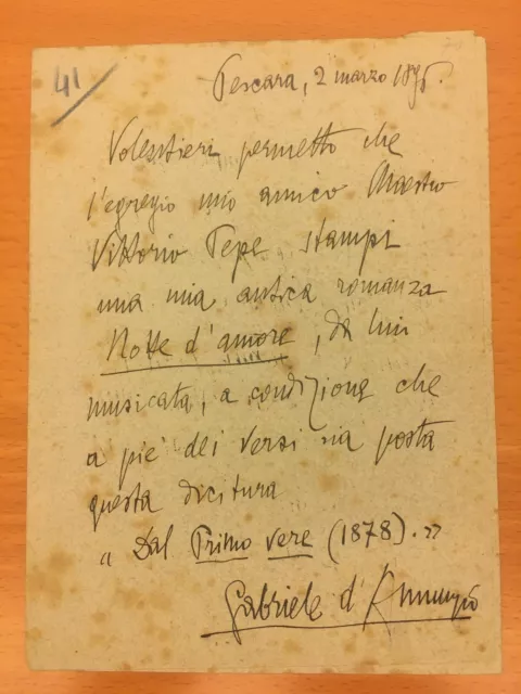 Lettera autografa di Gabriele D'Annunzio