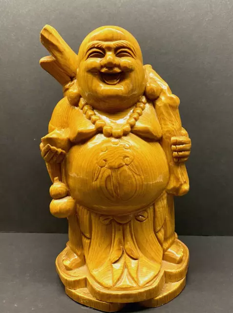 Vintage Hand Carved Keyaki Wood Japanese Hotei Laughing Buddha Figurine 9"