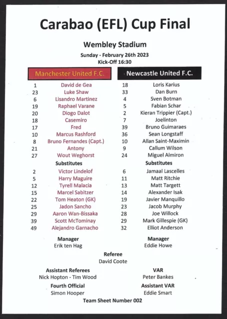 MANCHESTER UNITED v NEWCASTLE UNITED 26.02.23 CARABAO (EFL) CUP FINAL TEAM SHEET