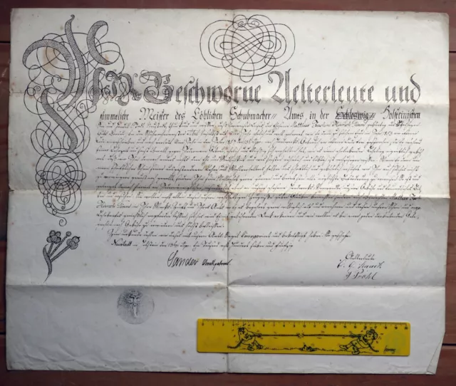 Sehr dekorativer Gesellenbrief für einen Schuhmacher, Neustadt in Holstein, 1857