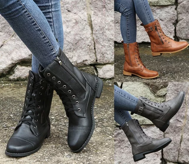 Womens Lace Up Zip Mid-Calf Casual Biker Ankle Boots Low Flat Heel Combat Shoes