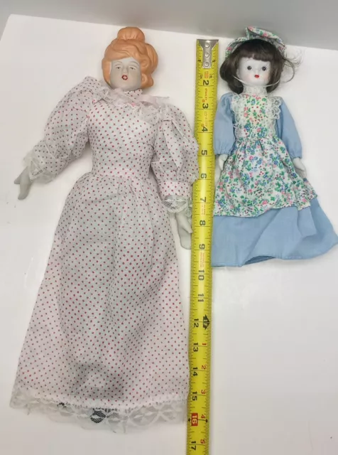 Set of 2 Porcelain Dolls 16" Woman 9" Girl Red Blue Lace Toy Prairie Victorian 