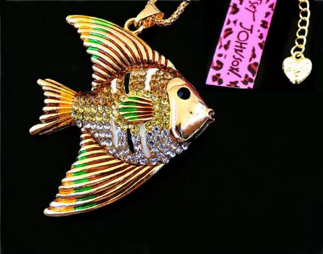 Betsey Johnson Angel Fish Crystal Rainbow Gold Pendant Necklace Free Gift Bag
