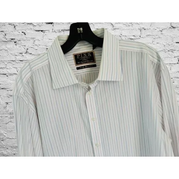 Thomas Pink Button-Down Dress Shirt White Blue Pink Stripes with cufflinks Size
